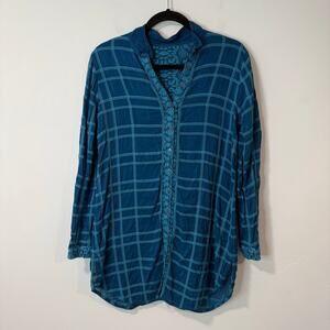 Johnny Was Women's Tunic Shirt Button Down Blue Embroidered Grid Boho